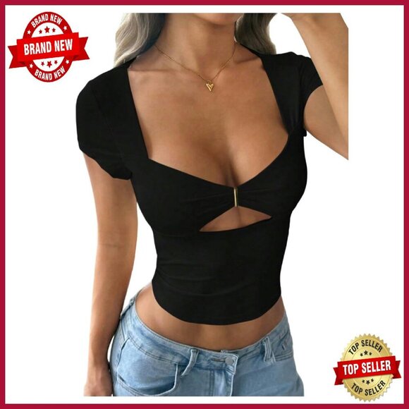 Tops - Sexy Cut Out Crop Top Sweetheart Neck Cap Sleeve Fitted T-Shirt